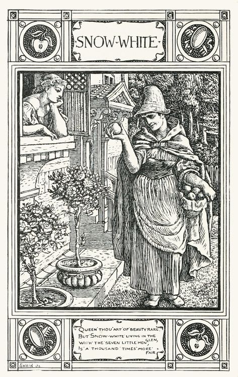 View Snow White by Walter Crane and other Artworks on Artvee Brothers Grimm Snow White, Illustration Fairytale, Denis Zilber, The Brothers Grimm, Sette Nani, Walter Crane, Illustration Book, Brothers Grimm, Grimm Fairy Tales