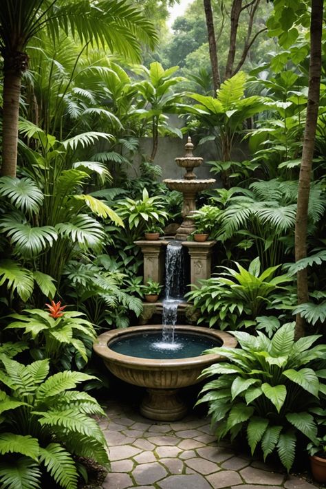 20 Small Tropical Garden Design Ideas - Toolz Geek Tropical Garden Water Feature, Tiny Courtyard Gardens, Art Deco Garden Design, Backyard Jungle Garden, Tropical Garden Design Small Spaces, Small Tropical Garden Design, Small Garden Area Ideas, Modern Tropical Garden, Small Garden Oasis