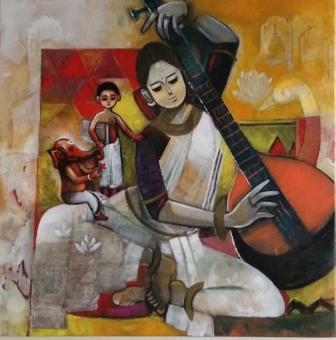 Title: sarswati Size:2x2ft Acrylic on canvas aartipent@gmail.com Creative Composition Painting Ideas, Pictorial Composition, Distortion Art, Pictorial Design, Creative Composition, God Painting, Historical Sculptures, Indian Contemporary Art, Jamun Recipe