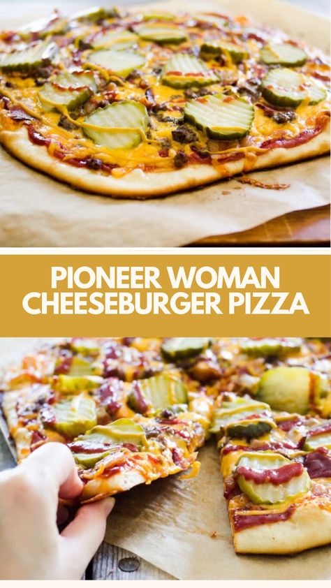 Pioneer Woman Cheeseburger Pizza is made with ground beef, bacon, cheddar cheese, pickles, and a buttery pizza crust. This easy cheeseburger pizza recipe creates a cheesy pizza that takes about 30 minutes to prepare and can serve 2 to 3 people. Cheeseburger Flatbread Pizza, Ground Beef Pizza Recipes, Personal Pizza Ideas, Pizzazz Recipes, Cheese Burger Pizza, Cheeseburger Pizza Recipe, Pizza Topping Ideas, Easy Pizza Recipes, Pickle Pizza Recipe