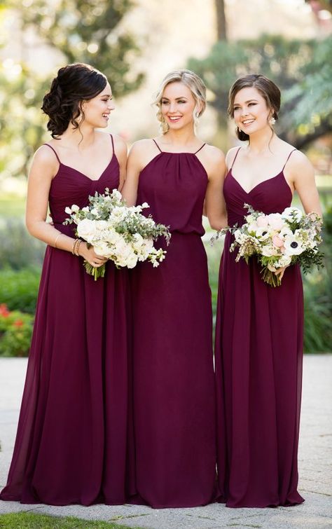 Floor-Length Chiffon Bridesmaid Dresses | Sorella Vita Wine Color Bridesmaid Dress, Party Make-up, Burgundy Bridesmaid, Burgundy Bridesmaid Dresses, Modest Wedding, Long Bridesmaid Dress, Dress Chiffon, Couture Wedding, Professional Dresses