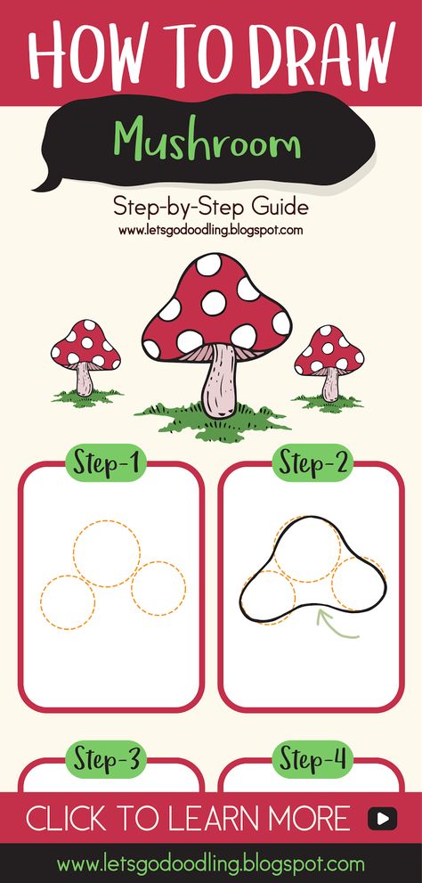 How to draw: Mushroom (Easy Step by Step Tutorials) #drawing #mushroom #toadstool #balloon #tutorials #doodle #letsgodoodling Drawing Mushrooms Step By Step, Easy Drawings For Beginners Mushroom, Mushroom Forest Drawing Easy, Mushroom Doodle Step By Step, Step By Step Mushroom, Draw Mushrooms, How To Draw A Mushroom Trippy, Balloon Tutorials, Playhouse Decor