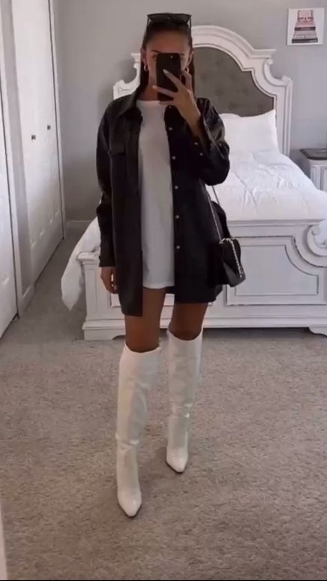 Cute Winter Dinner Outfits, Cold Bar Night Outfit, White Knee High Boots Outfit, Bar Night Outfit, Winter Night Outfit, White Knee High Boots, Knee High Boots Outfit, Winter Birthday Outfit, White Boots Outfit