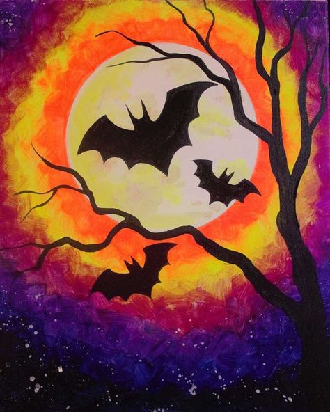 Halloween Inspired Painting Ideas, Halloween Painting For Beginners, Spooky Paintings Easy Step By Step, Halloween Painting With A Twist, Halloween Canvas Paintings Step By Step, Halloween Painting Ideas For Beginners, Halloween Sunset Painting, Halloween Painting Party Ideas, Easy Paint Night Ideas Simple