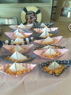 Nautical Party Food - goldfish boats Nautical Snacks, Sailing Theme Birthday Party, Sailing Theme Party Food, Gold Fish Party Favors, Pirate Party Snacks, Fishing Baby Shower Theme, Pirate Party Dig For Treasure, Fishing Birthday Party, Idee Babyshower