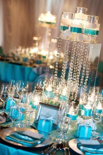 Awesome Tiffany Blue Wedding Decorations ❤︎ Wedding planning ideas & inspiration. Wedding dresses, decor, and lots more. #weddingideas #wedding #bridal Chandelier Tall, Tiffany Blue Wedding Decorations, Tiffany Blue Weddings, Blue Wedding Centerpieces, Tiffany Theme, Blue Wedding Decorations, Candle Ribbon, Tiffany Party, Tiffany Blue Wedding