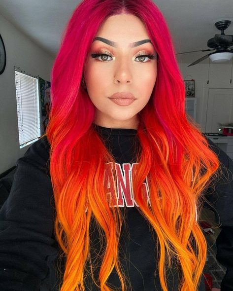 Gorgeous sunset ombre by @kreepyyy_ - Try melting Lychee +Siam + Fire Opal for this look! #lunartides #pinkhair #orangehair #colormelt #sunsethair Cool Ombre Hair, Red And Orange Hair, Split Hair Color, Fire Hair Color, Sunset Hair Color, Flame Hair, Hip Hair, Wild Hair Color, Sunset Hair