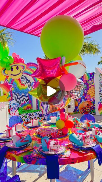 Lisa Frank Decorations, Lisa Frank 90s Party, Lisa Frank Party Decorations, Neon Decorations Party, Lisa Frank Party Ideas, Lisa Frank Cake, Lisa Frank Birthday, Lisa Frank Party, Lisa Frank Birthday Party