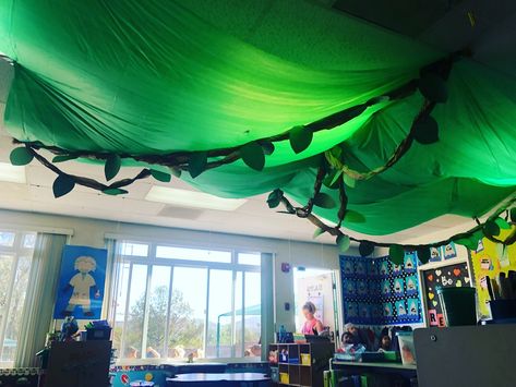 Rain forest / jungle theme classroom transformation! #rainforest #jungle #summer #classroom #decor #preschool Forest Classroom Transformation, Jungle Classroom Transformation, Rainforest Classroom Transformation, Safari Classroom Transformation, Rainforest Decorations, Jungle Classroom Door, Forest Theme Classroom, Jungle Theme Rooms, Rainforest Classroom