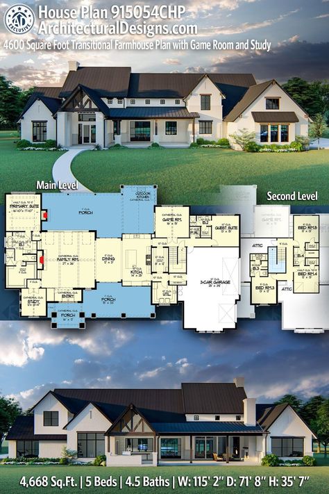 House Plan 915054CHP gives you 4600 square feet of living space with 5 bedrooms and 4.5 baths 5 Bedroom House Floor Plan One Level, Home Layout Plans, Primary Ensuite, House Plans 2 Story, 6 Bedroom House Plans, 5 Bedroom House Plans, Transitional Farmhouse, Prep Sink, Primary Suite