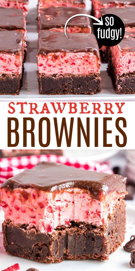 Strawberry Brownies are two desserts in one. Fudgy chocolate brownies smothered in a layer of strawberry frosting and topped with chocolate ganache. Get ready to become the designated dessert person for every gathering. Strawberry Brownie Knomes, Chocolate Covered Strawberry Brownies Recipe, Brownies With Strawberry Frosting, Strawberry Desserts Chocolate, Strawberry Cream Brownies, Strawberry Cream Cheese Brownies, Strawberry Chocolate Brownies, Brownie Flavors Ideas, Chocolate Covered Strawberry Brownies