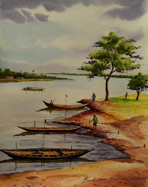 Simple Watercolor Landscape, Watercolor Scenery Painting, River Drawing, Village Scenery, Village Drawing, Drawing Themes, Bangladesh Travel, Landscape Collage, Watercolour Drawings