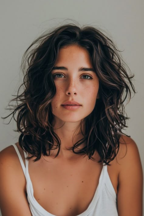 Young woman with shoulder-length wavy hair and a white tank top looking at the camera against a neutral background. Mid Bob Curly Hair, Wavy Layered Haircuts Short, Long Layered Hair Shoulder Length, Mid Length Hair Curly Natural, Wavy Mid Length Hair Styles, Medium Length Hair For Wavy Hair, Lobs For Wavy Hair, Long Bob Curly Haircuts, Curly Hair Long Bob Haircut