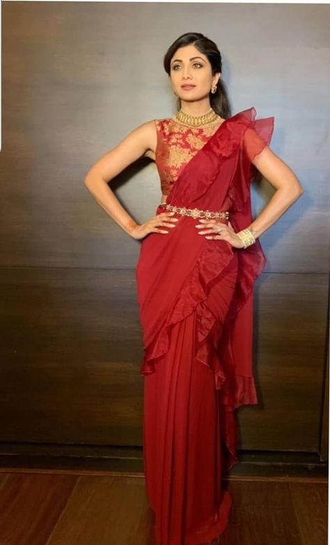 Trending: Ruffled Saree Ideas for Weddings 2019 - ShaadiWish Western Sarees Fashion, Dothi Ceremony, Ruffle Saree Designs, Drape Sari, Western Saree, Ruffled Saree, Ideas For Weddings, Saree With Belt, Saree Ideas