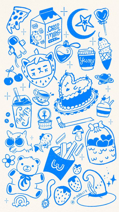 Free Doodle Wallpaper of cute stuff 🎀🐻 #phone #wallpaper #aesthetic #doodle Silly Doodle Wallpaper, Cute Doodles Blue, Cute Collage Drawing, Tattoo Doodles Aesthetic, Doodle For Scrapbook, Comic Book Doodles, Doodle Phone Wallpaper, Cute Doodles To Fill Space, Doodle Graphic Design Illustrations