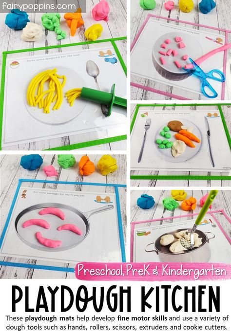 These printable playdough mats help kids learn to use playdough tools and are a great addition to any playdough center! The kitchen theme helps kids develop fine motor and pretend play skills too. #playdoughmats #playdoughcenter #playdoughkitchen #playdoughtools #playdoughactivities #prekfinemotor #preschoolfinemotor #kindergartenfinemotor #finemotoractivities Table Time Activities, Playdough Center, Fairy Poppins, Fine Motor Centers, Conceptual Learning, Playdough Tools, Fine Motor Activities For Kids, Playdough Activities, Early Childhood Teacher