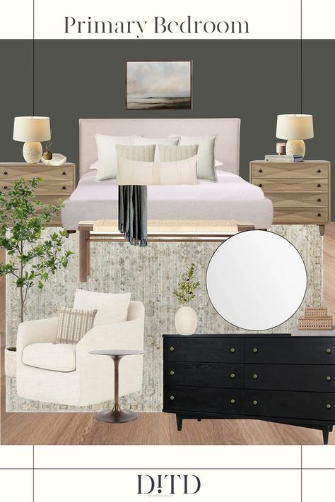 Shop the Design: A Moody Transitional Primary Bedroom Moody Transitional, Moody Paint, Wood Night Stand, Wood And Upholstered Bed, Transitional Bedroom Design, Charcoal Walls, Interior Design Masters, White Accent Chair, Neutral Throw Pillows