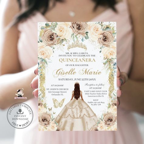 Champagne Roses, Invitations Quinceanera, Butterflies Vintage, Champagne Flowers, Birthday Invitations Diy, 16th Birthday Invitations, Pretty Watercolor, Quinceanera Ideas, Glitter Crown