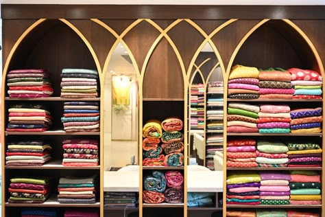 Extending their legacy, Singhania’s launches second store in Hyderabad - Telangana Today Fabric Store Design Shops, Saree Rack Design, Fabric Store Displays Retail, Saree Store Interior Design, Cloth Rack Design, Fabric Showroom Interior Design, Textile Shop Interior Design, Aesthetic Clothing Store Interior, Garments Shop Interior Display