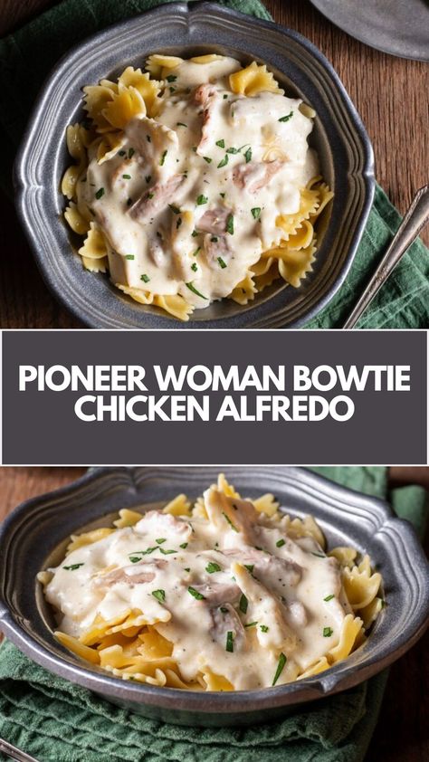 Pioneer Woman’s Bowtie Chicken Alfredo is made with bowtie pasta, tender chicken, butter, salt, pepper, garlic, dry white wine, half-and-half, heavy cream, chicken broth, parmesan, and parsley resulting in a creamy pasta dish that takes 25 minutes to be ready! Pioneer Woman Bowtie Chicken Alfredo, Pioneer Woman Bowtie Pasta, Pioneer Woman Cajun Chicken Alfredo, Chicken Alfredo With Bowtie Pasta, Pioneer Woman Chicken Alfredo, Chicken And Bowtie Pasta Recipes, Alfredo Bowtie Pasta, Creamy Bowtie Pasta Recipes, Bowtie Chicken Alfredo