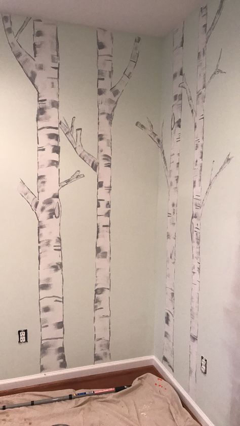 Birch tree mural Paint Trees On Wall Diy, Diy Tree Mural, Aspen Mural, Nursery Class Decoration, Birch Tree Mural, Woodland Classroom, Birch Tree Wall Decal, Play Beds, Birch Tree Painting