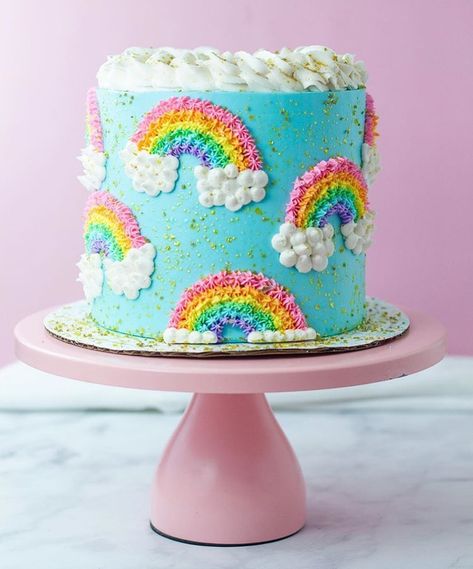 Rainbow And Clouds Cake, Cake With Rainbow Decoration, Round Rainbow Cake, Happy Cake, On Cloud Nine Birthday Cake, Bright Cake Ideas, Pink Rainbow Cake, Rainbow Birthday Cakes, Cute Birthday Cakes For Kids