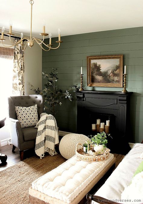 Farmhouse With Green Accents, Green Room Black Trim, Green Focus Wall Living Rooms, Moss Green Living Room Walls, One Green Wall Living Room, Two Tone Green Living Room, Green Wall Black Fireplace, Two Tone Green Room, Green Walls Black Fireplace