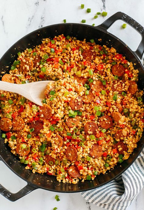 Cajun Sausage and Cauliflower Rice Skillet - Eat Yourself Skinny Sausage And Cauliflower Rice, Honey Garlic Cauliflower, Sausage And Cauliflower, Cauliflower Rice Skillet, Garlic Cauliflower, Cajun Sausage, Sausage Seasoning, Homemade Cajun Seasoning, Rice Skillet