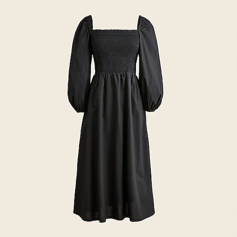 J.Crew: Smocked Puff-sleeve Dress For Women Black Frock, Sleeveless Wrap Dress, Bodice Dress, J Crew Dress, Puff Long Sleeves, Puffed Sleeves Dress, Black Linen, Long Sleeve Midi Dress, Petite Dresses