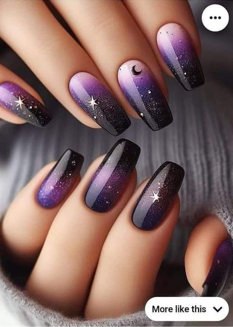 Nails Space Design, Purple Ombre Nails Short, Nail Art Space, Black Summer Nails, Ongles Gel Violet, Cosmic Nails, Thanksgiving Nail Art, Space Nails, Ombre Nail Designs