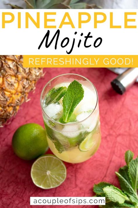 This pineapple mojito is the ideal refreshment on a hot summer day. The sweet and fresh taste combined are a treat for your taste buds! | pineapple mojito recipe | pineapple mojito cocktail | how to make a pineapple mojito | summer cocktail #pineapple #mojito Easy Refreshing Cocktails, Strawberry Mojito Recipe, Tropical Cocktail Recipes, Rum Cocktails Easy, Spiced Rum Cocktails, Easy Spring Cocktails, Pineapple Mojito, Mojito Ingredients, Spring Cocktails Recipes