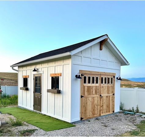 10x12 Garden Shed, 12 X 16 Shed, Backyard Classroom, Grill Shack, She Shed Exterior, Farmhouse Shed, Backyard Shed Ideas, Shed Exterior Ideas, Studio Exterior