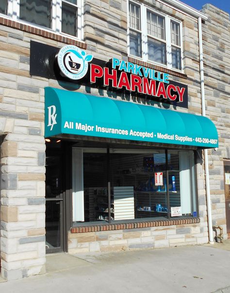 Storefront awning adds exposure for small pharmacy. Small Pharmacy Design, Pharmacy Store Front Design, Storefront Awning, Pharmacy Signage, Pharmacy Building, Pharma Design, Shop Board Design, Medical Ads, Pharmacy Ideas