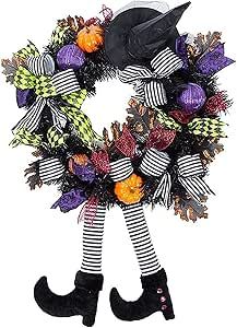 Halloween Decorations Wreaths, Halloween Witch Wreath, Halloween Door Wreaths, Hanging Witch, Halloween Front Doors, Black Wreath, Witch Legs, Witch Wreath, Home Party Decor