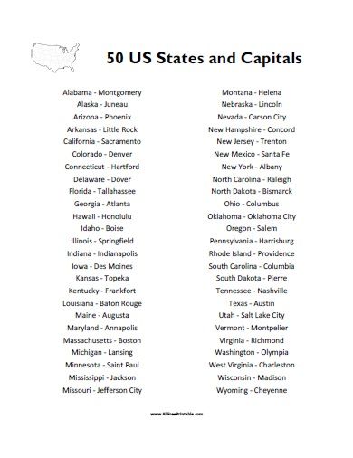 Free Printable 50 States and Capitals List 50 States And Capitals, State Capitals Quiz, Map Quiz, State Abbreviations, States And Capitals, Map Worksheets, Preschool Math Worksheets, Kids Worksheets Printables, State Capitals