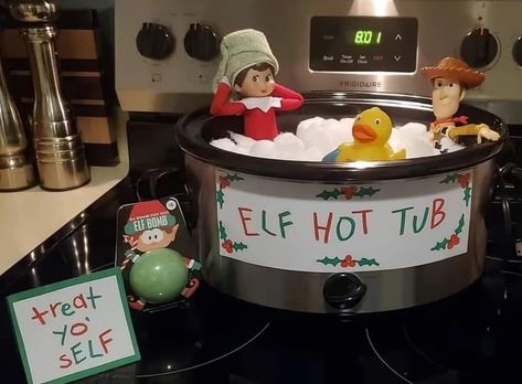 Elf on the shelf Idea - Sharon Kay Higgins | Facebook Elf On The Shelf Idea, Awesome Elf On The Shelf Ideas, Shelf Ideas, On The Shelf, Elf On The Shelf, Hot Tub, Elf, To Start, Sign Up