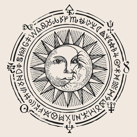 Alchemy Sun And Moon, Sun And Moon Vintage Illustration, Astrology Illustration Vintage, Astrology Logo Design Symbols, Moon And Sun Symbol, Medieval Sun And Moon Tattoo, Medieval Sun And Moon, Whimsigoth Pictures, Moon And Sun Logo