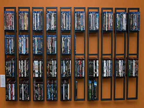 40 DVD Storage Ideas - Organized Movie Collection Designs Dvd Wall Storage, Diy Dvd Shelves, Dvd Diy, Ikea Dvd Storage, Dvd Storage Solutions, Dvd Storage Tower, Dvd Storage Ideas, Dvd Storage Cabinet, Blu Ray Storage