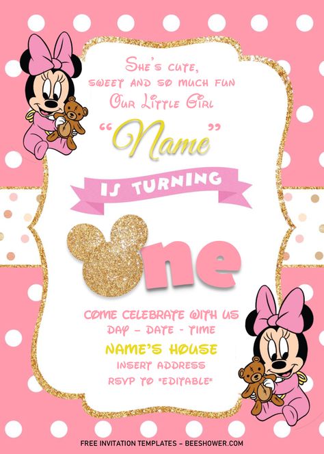 Download Now Gold Glitter Minnie Mouse Birthday Invitation Templates - Editable .Docx Baby Birthday Invitation Card, Minnie Invitations, Minnie Mouse Invitation, Minnie Mouse Birthday Theme, Minnie Mouse Theme Party, Minnie Mouse First Birthday, Minnie Mouse Birthday Invitations, 1st Birthday Invitation Template, Minnie Mouse Birthday Decorations