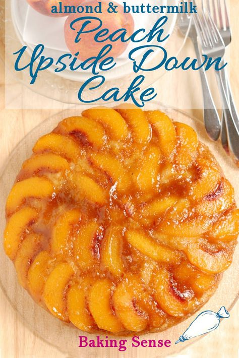 When you have lots of fresh peaches make Peach Upside Down Cake. This treat is made with ripe summer peaches, caramel topping and melt-in-your-mouth almond buttermilk cake. #recipe #from scratch #easy #best #fresh #almond #buttermilk Peach Caramel Cake, Peach Cobbler Upside Down Cake, Fresh Peach Upside Down Cake, Peach Upside Down Cake With Box Cake, Peach Cake Recipe, Fruit Deserts, Cake Recipe From Scratch, Cake Chorizo, Peach Upside Down Cake