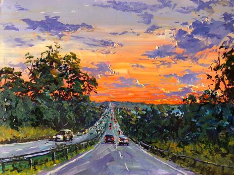 Road trip sun highway art painting cars drive travel auto landscape leisure vacation destination Roadtrip Painting, Car Driving Into Sunset Painting, Car On Road Painting, Car Driving On Road Painting, Road Landscape Drawing, Road Trip Painting, Road Trip Painting Acrylic, Road Scenery Painting, Country Roads Paintings