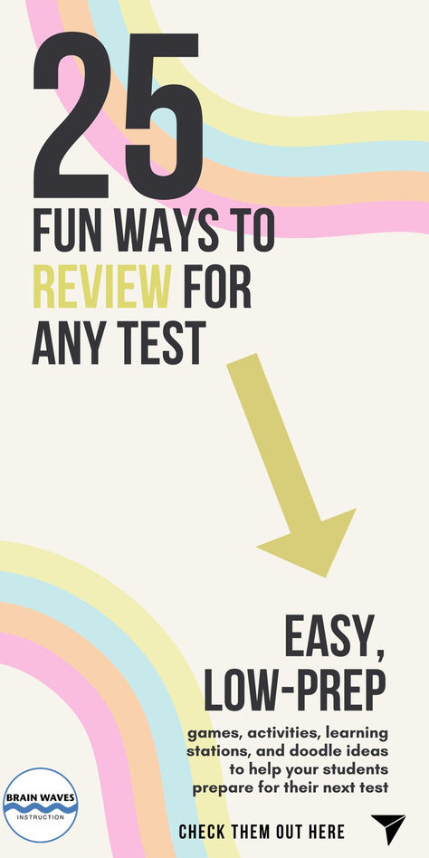 Revitalize your test prep routine with these 25 creative and engaging strategies! 🚀 From Jeopardy games to escape room challenges, make test review an adventure your students will love! Check out easy and fun ways to review content and instruction for tests. Your students will love these engaging activities, and you'll love how well they perform on their next assessment. Fun Ways To Review For A Test, Fun Ways To Study For A Test, Test Review Games, Middle School Literature, Ap Test, Fun Learning Games, Learning Stations, Middle School Language Arts, Fun Test