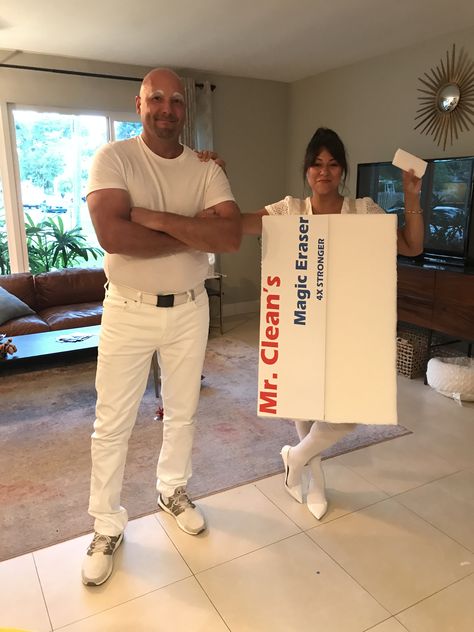 Black And White Couples Costumes, Me Clean Halloween Costume, Me Clean Costume, Mr Clean Halloween Costume Couples, Mr Clean Couples Costume, Mr Clean Halloween Costume, Mr Clean Costume, Ugly Costumes, Halloween Constumes