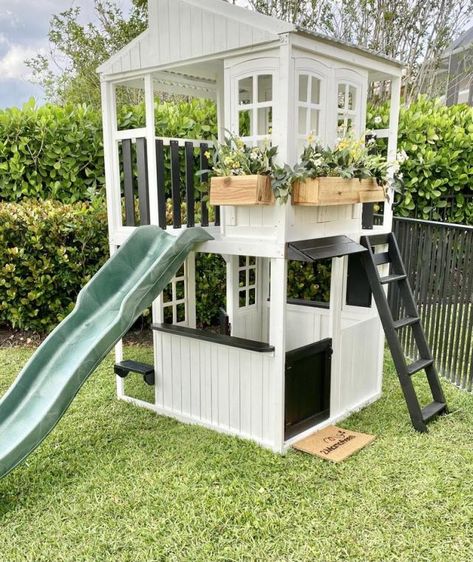 Pirate Playground, Farmhouse Playhouse, Wooden Outdoor Playhouse, Kids Playhouse Plans, Cottage Playhouse, Cedar Window Boxes, Playhouse With Slide, Porch Bed, Outdoor Playhouse