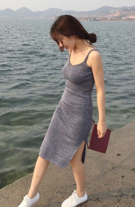 CosmoCorner - Sleeveless Knit Dress #sleeveless #dress #flashdeal Natural Outfits, Sleeveless Knit Dress, Sleeveless Shirts, Korean Casual Outfits, Dresses Bodycon, Korean Girl Fashion, Korean Fashion Trends, Summer Dress Outfits, Ulzzang Fashion