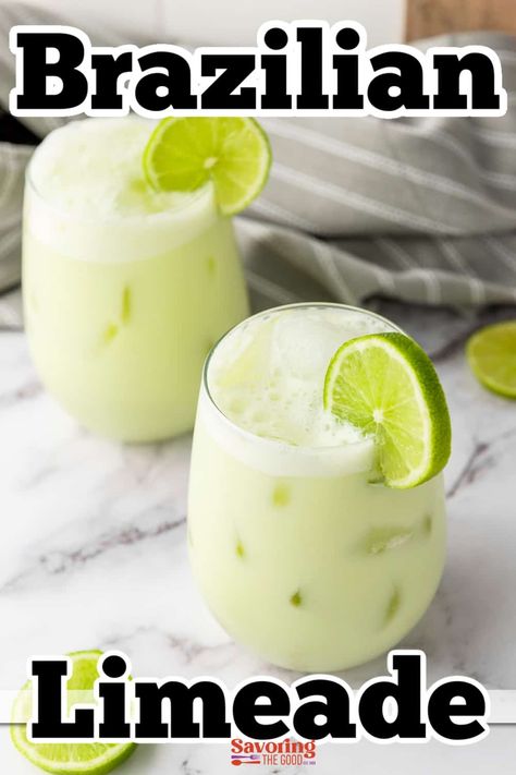 This easy Brazilian limeade is a frothy blend of tart Key limes, sweetened condensed milk and ice. Brazilian limeade is a sweet and tangy lime juice drink that provides a cooling, citrusy flavor punch. It's a refreshing drink originating from Brazil, especially served ice cold on a hot summer day. Lime Condensed Milk Drink, Frozen Limeade Drinks, Brazilian Limeade, Lime Juice Recipes, Limeade Drinks, Brazilian Lemonade, Sweetened Condensed Milk Recipes, Limeade Recipe, Key Limes