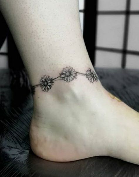 Sunflower Foot Tattoos, Daisy Chain Tattoo, Anklet Tattoo, Chain Tattoo, Anklet Tattoos, Sunflower Tattoos, Foot Tattoos, Daisy Chain, Chain Anklet