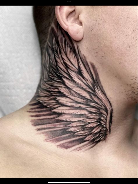 Wings Tattoo On Back Neck, Wings On Neck Tattoo, Tattoo On Back Neck, Neck Tattoo Cover Up, Wings Tattoo On Back, Wing Neck Tattoo, Back Tattoos For Guys Upper, Eagle Wing Tattoos, Front Neck Tattoo