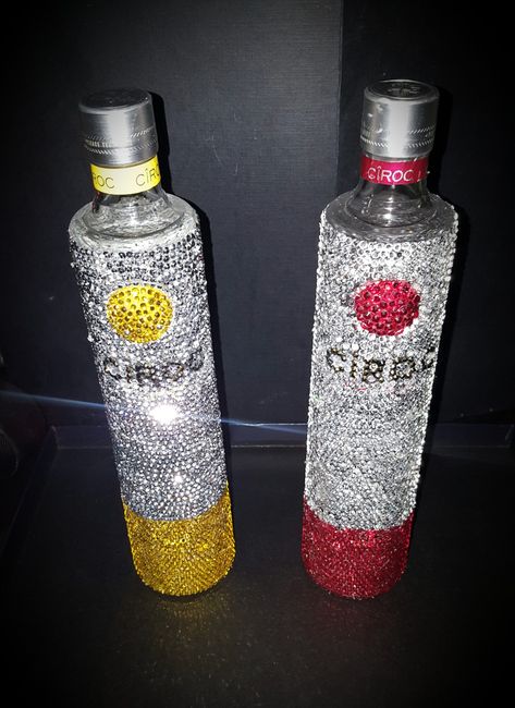 Glitter Ciroc Bottle, Tequila Bottles Decoration Gift Ideas, Bedazzled Bottles, Ciroc Bottle, Blinged Bottles, Alcohol Bouquet, Players Ball, Alcohol Bottle Decorations, Bedazzled Liquor Bottles