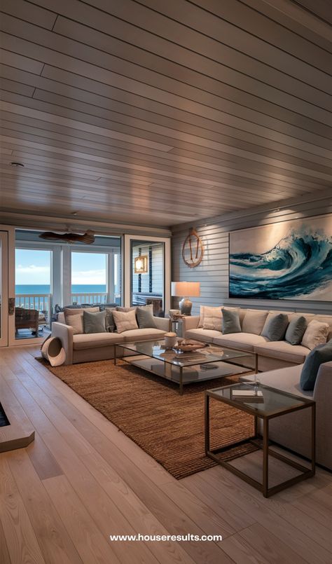 25 Beach House Living Room Decor Ideas - HouseResults Industrial Beach House Interior Design, Living Room Decor Light Blue, Luxury Beach House Interior, Condo Living Room Decor, House Living Room Decor, Beach House Decor Living Room, Living Room Theme, Beach Decor Living Room, Contemporary Beach House